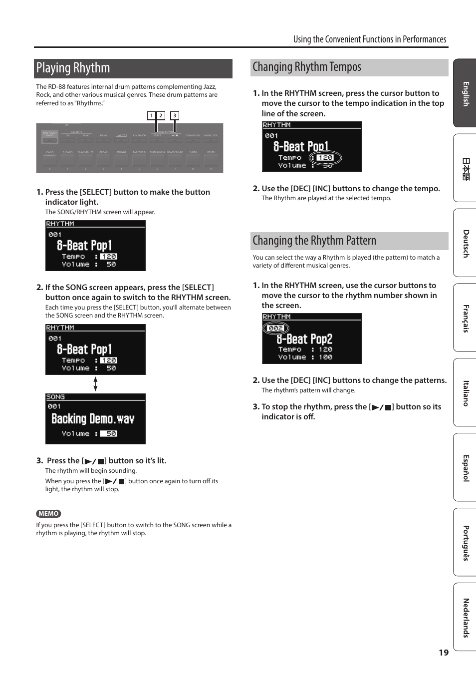 Playing rhythm, Changing rhythm tempos, Changing the rhythm pattern | P. 19, p, Ythm (p. 19, p, Using the convenient functions in performances | Roland RD-88 Digital Stage Piano User Manual | Page 19 / 30