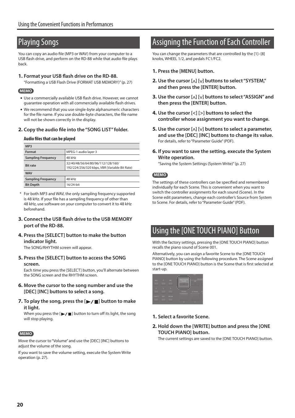 Playing songs, Assigning the function of each controller, Using the [one touch piano] button | Ers (p. 20), Using the convenient functions in performances | Roland RD-88 Digital Stage Piano User Manual | Page 20 / 30