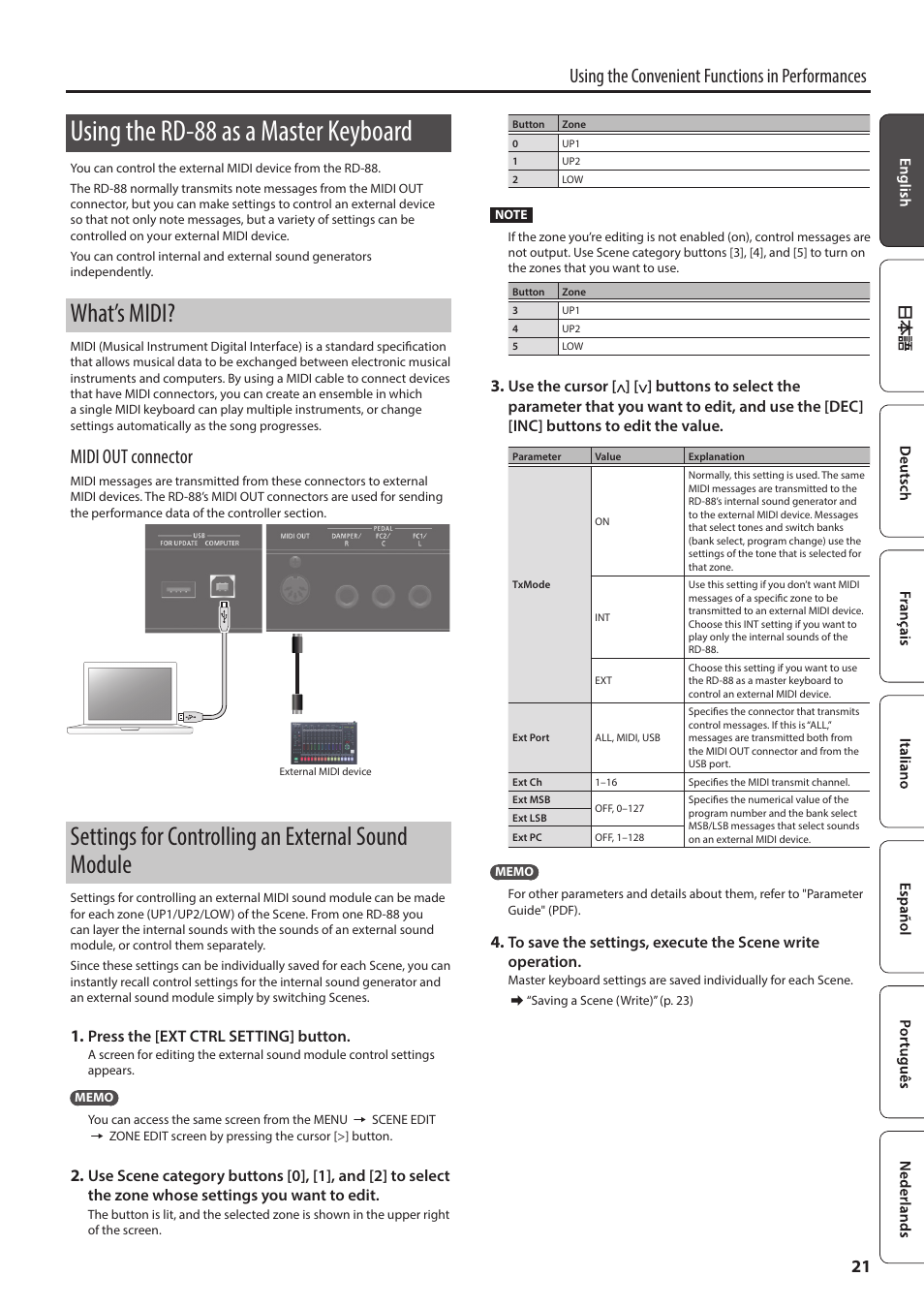 Using the rd-88 as a master keyboard, What’s midi, Settings for controlling an external sound module | Nal midi sound module (p. 21), Using the convenient functions in performances, Midi out connector | Roland RD-88 Digital Stage Piano User Manual | Page 21 / 30