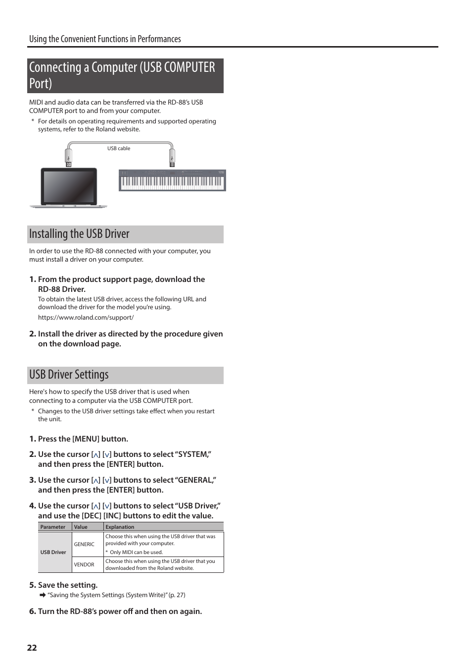 Connecting a computer (usb computer port), Installing the usb driver, Usb driver settings | Using the convenient functions in performances | Roland RD-88 Digital Stage Piano User Manual | Page 22 / 30