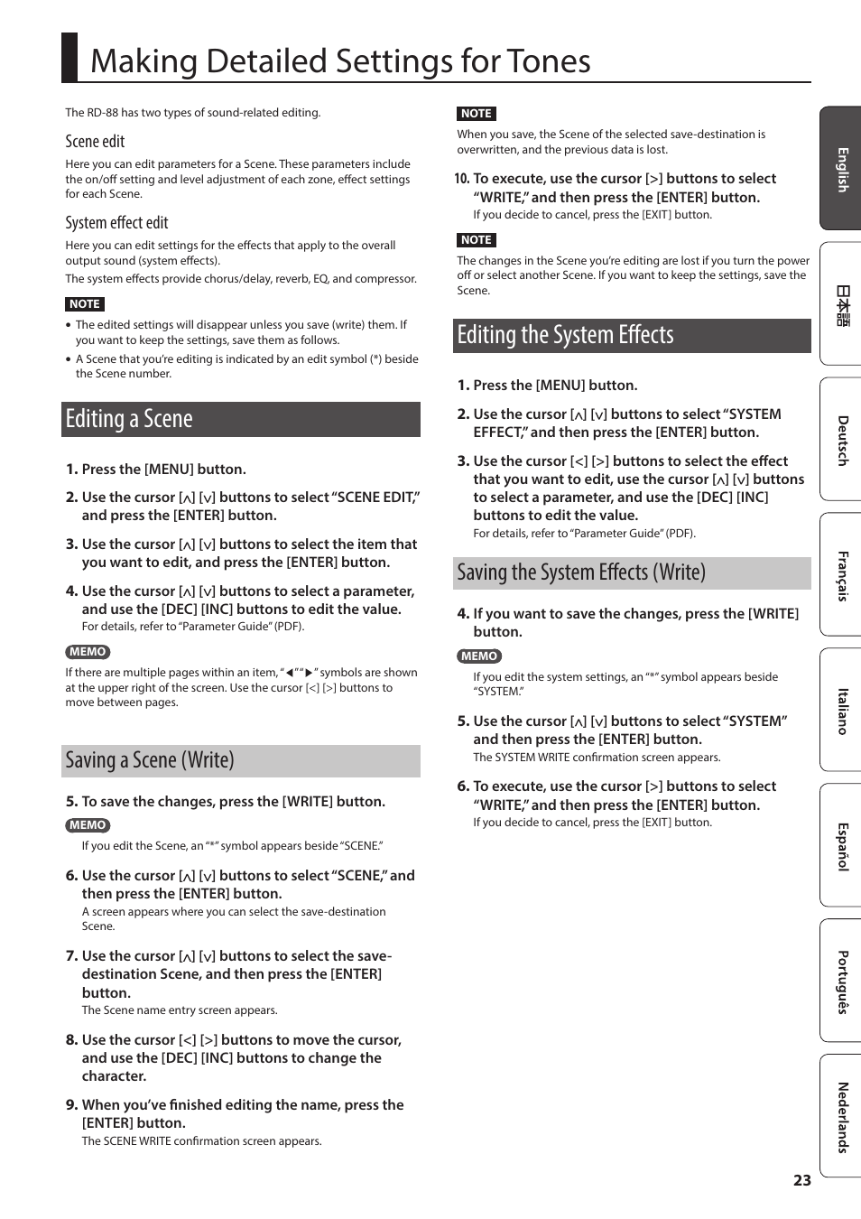 Making detailed settings for tones, Editing a scene, Saving a scene (write) | Editing the system effects, Saving the system effects (write), Em (p. 23), O“making, Detailed settings for tones” (p. 23), Ene (p. 23), O “making detailed settings for tones | Roland RD-88 Digital Stage Piano User Manual | Page 23 / 30