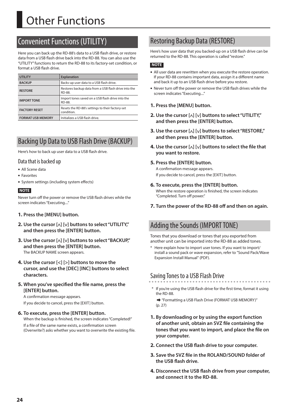 Other functions, Convenient functions (utility), Backing up data to usb flash drive (backup) | Restoring backup data (restore), Adding the sounds (import tone), Saving tones to a usb flash drive, Data that is backed up | Roland RD-88 Digital Stage Piano User Manual | Page 24 / 30