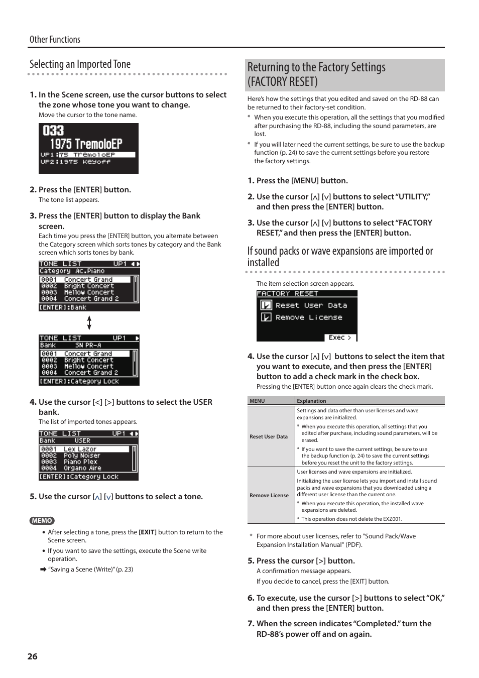 Returning to the factory settings (factory reset), Selecting an imported tone, Other functions | Roland RD-88 Digital Stage Piano User Manual | Page 26 / 30