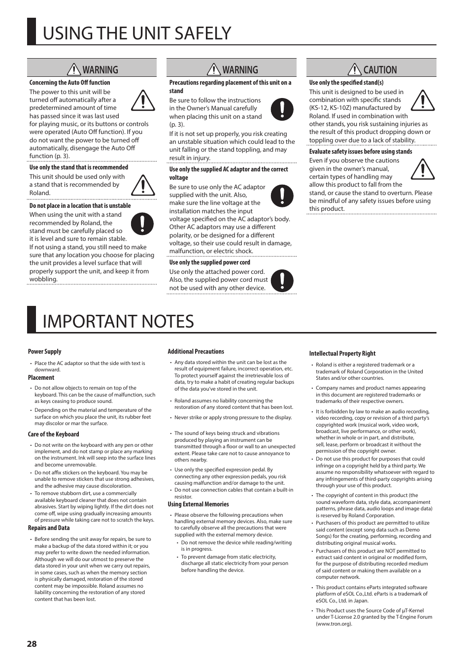 Using the unit safely, Important notes, Warning | Caution | Roland RD-88 Digital Stage Piano User Manual | Page 28 / 30