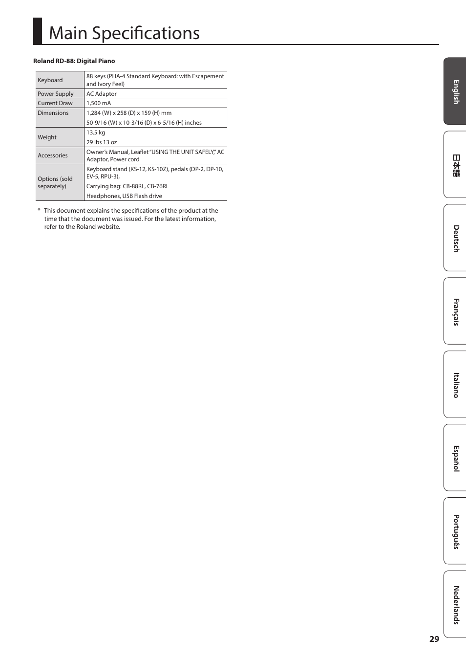 Main specifications | Roland RD-88 Digital Stage Piano User Manual | Page 29 / 30