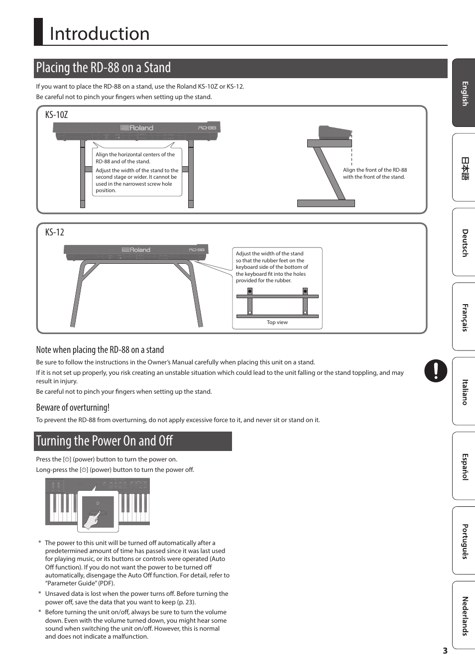 Introduction, Placing the rd-88 on a stand, Turning the power on and off | Ks-10z, Ks-12, Beware of overturning | Roland RD-88 Digital Stage Piano User Manual | Page 3 / 30