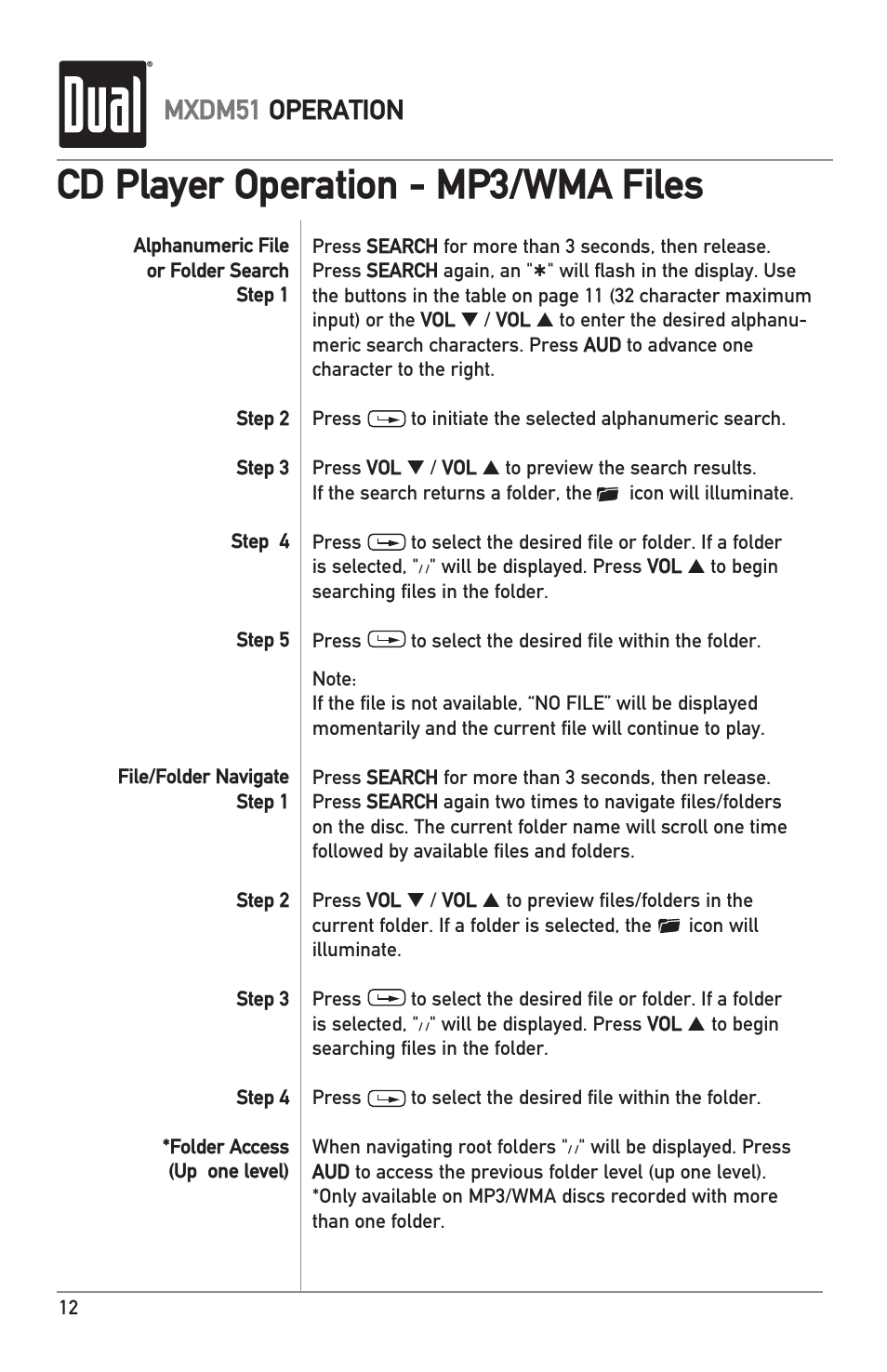 Cd player operation - mp3/wma files, Mxdm51 operation | Dual MXDM51 User Manual | Page 12 / 20