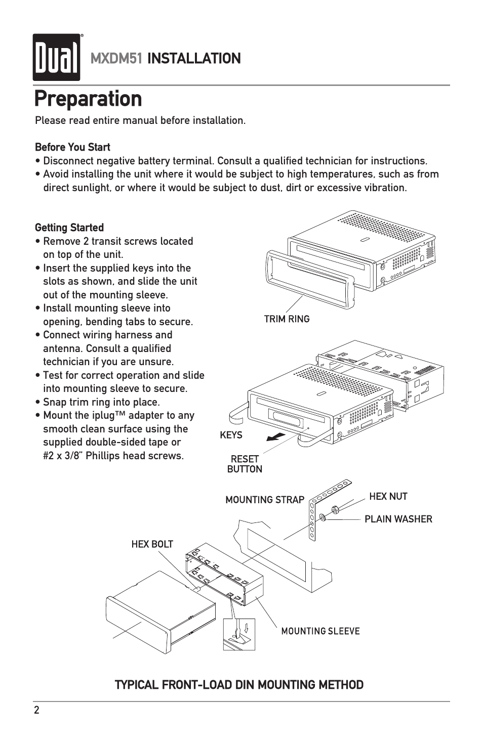 Preparation, Mxdm51 installation | Dual MXDM51 User Manual | Page 2 / 20