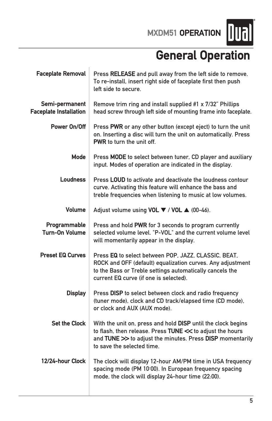 General operation, Mxdm51 operation | Dual MXDM51 User Manual | Page 5 / 20