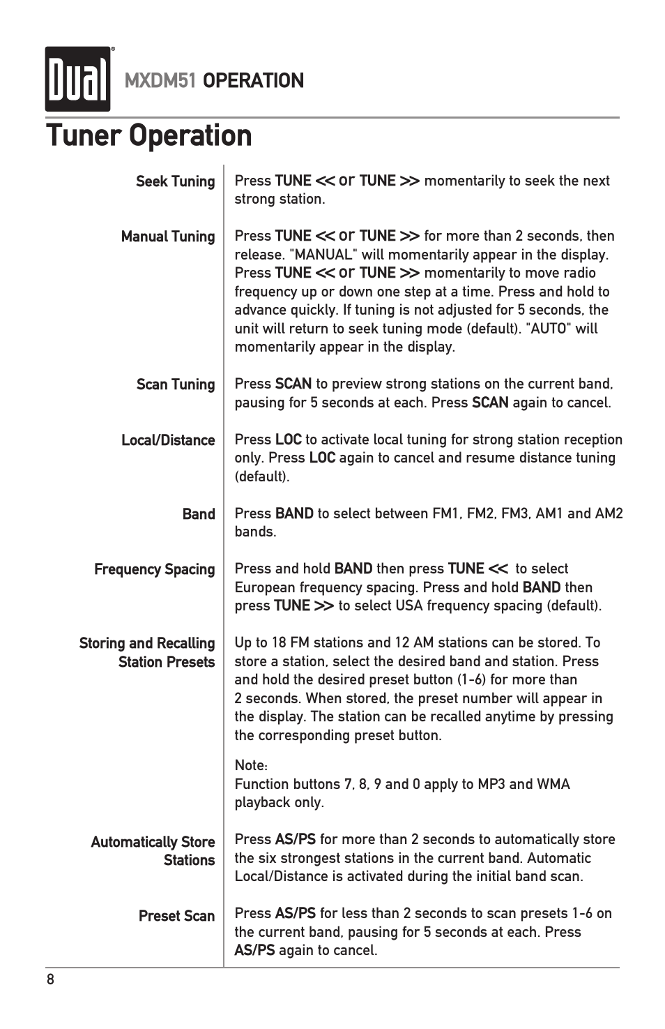 Tuner operation, Mxdm51 operation | Dual MXDM51 User Manual | Page 8 / 20