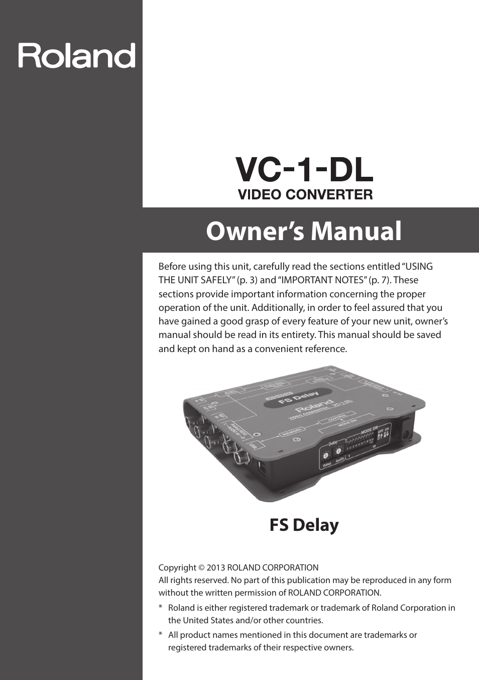 Roland VC-1-DL Bi-Directional SDI/HDMI Video Converter with Delay and Frame Sync User Manual | 32 pages