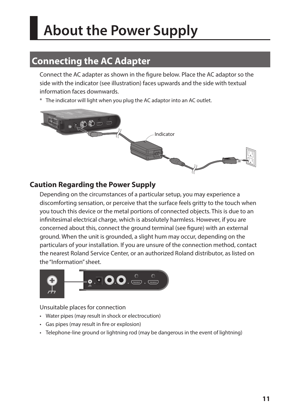 About the power supply, Connecting the ac adapter | Roland VC-1-DL Bi-Directional SDI/HDMI Video Converter with Delay and Frame Sync User Manual | Page 11 / 32