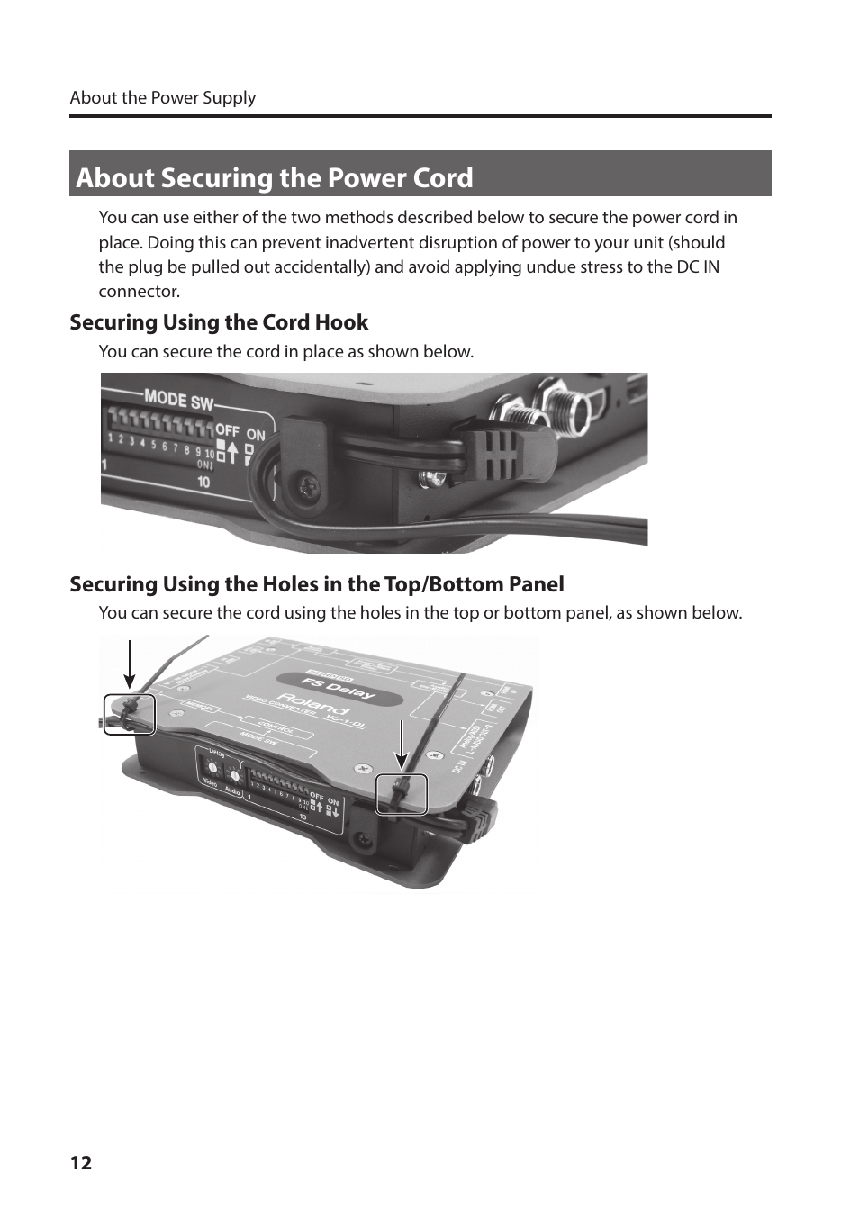 About securing the power cord, Securing using the cord hook, Securing using the holes in the top/bottom panel | Roland VC-1-DL Bi-Directional SDI/HDMI Video Converter with Delay and Frame Sync User Manual | Page 12 / 32