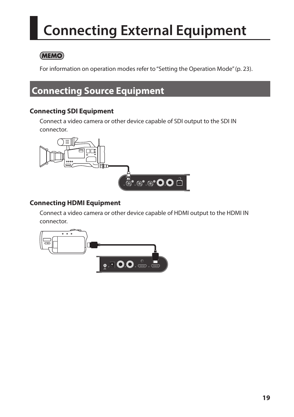 Connecting external equipment, Connecting source equipment | Roland VC-1-DL Bi-Directional SDI/HDMI Video Converter with Delay and Frame Sync User Manual | Page 19 / 32