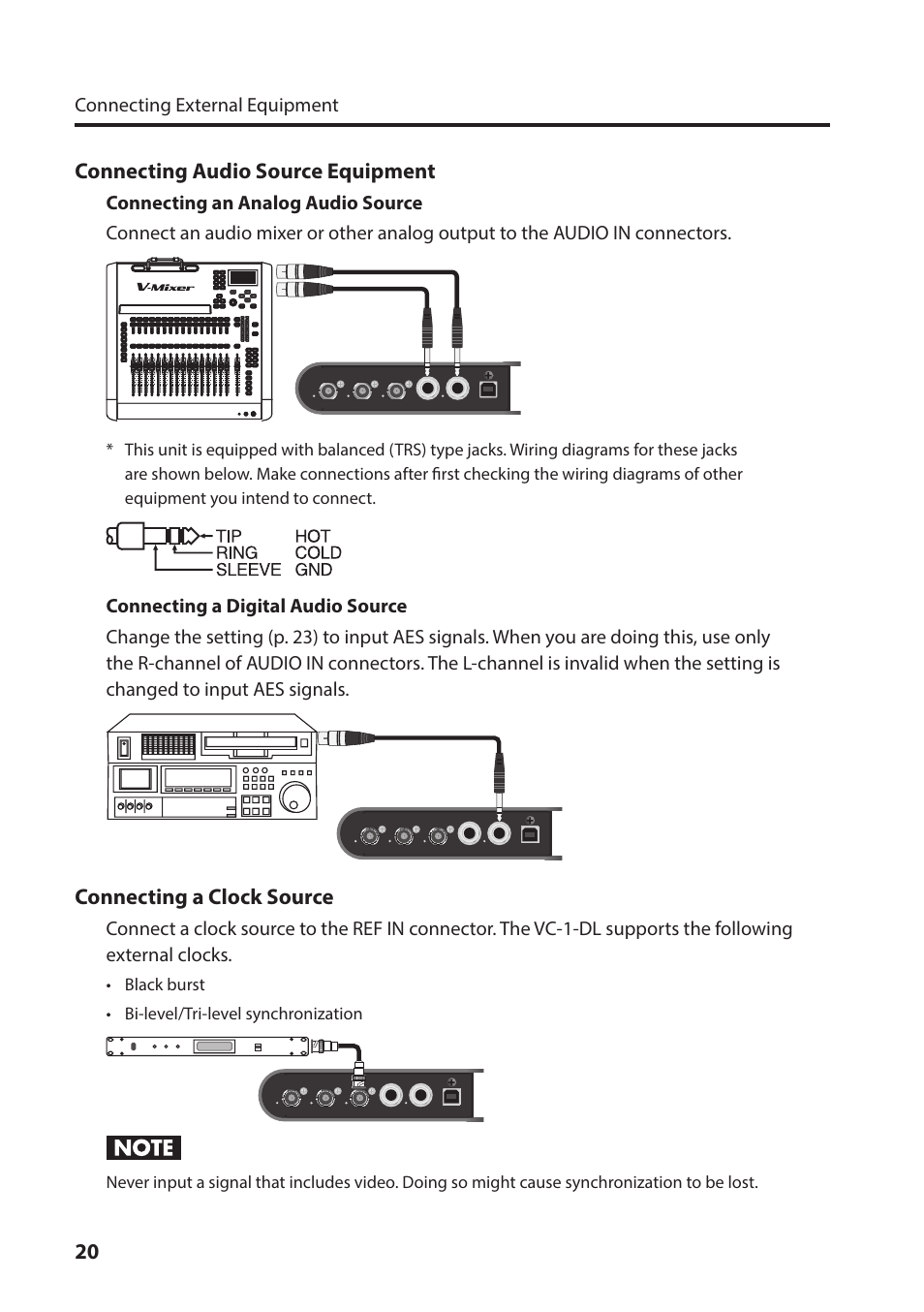 Connecting audio source equipment, Connecting a clock source | Roland VC-1-DL Bi-Directional SDI/HDMI Video Converter with Delay and Frame Sync User Manual | Page 20 / 32