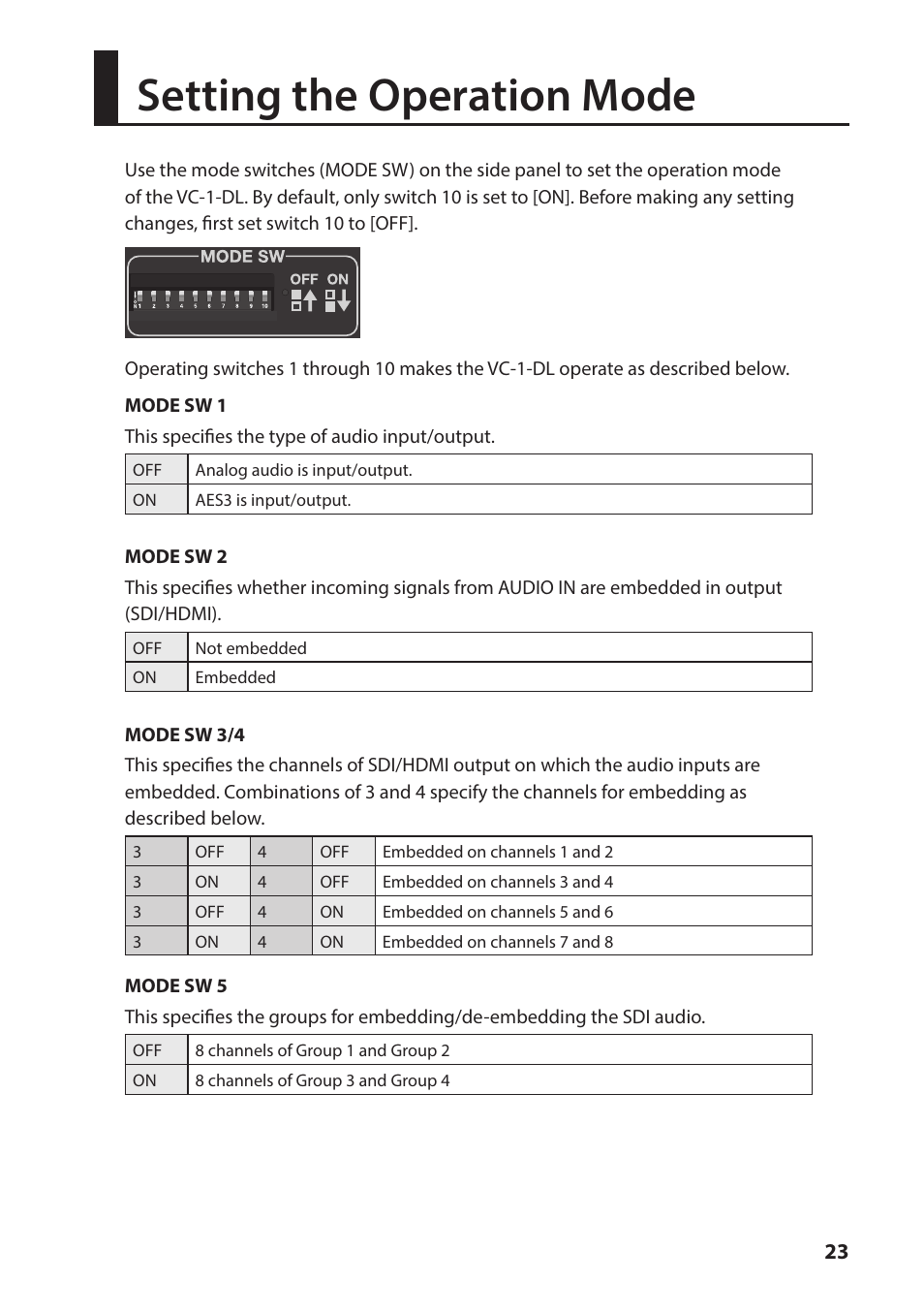 Setting the operation mode | Roland VC-1-DL Bi-Directional SDI/HDMI Video Converter with Delay and Frame Sync User Manual | Page 23 / 32