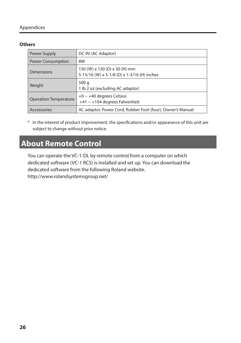 About remote control | Roland VC-1-DL Bi-Directional SDI/HDMI Video Converter with Delay and Frame Sync User Manual | Page 26 / 32