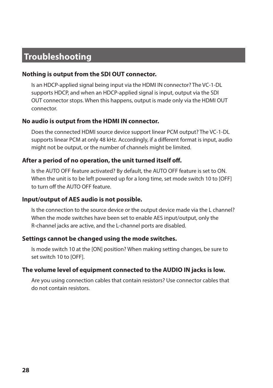 Troubleshooting | Roland VC-1-DL Bi-Directional SDI/HDMI Video Converter with Delay and Frame Sync User Manual | Page 28 / 32