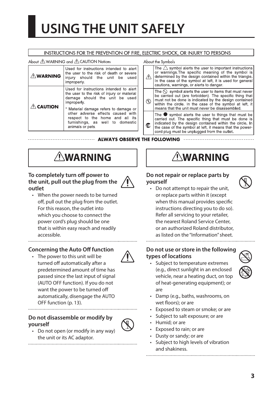 Using the unit safely, Warning | Roland VC-1-DL Bi-Directional SDI/HDMI Video Converter with Delay and Frame Sync User Manual | Page 3 / 32