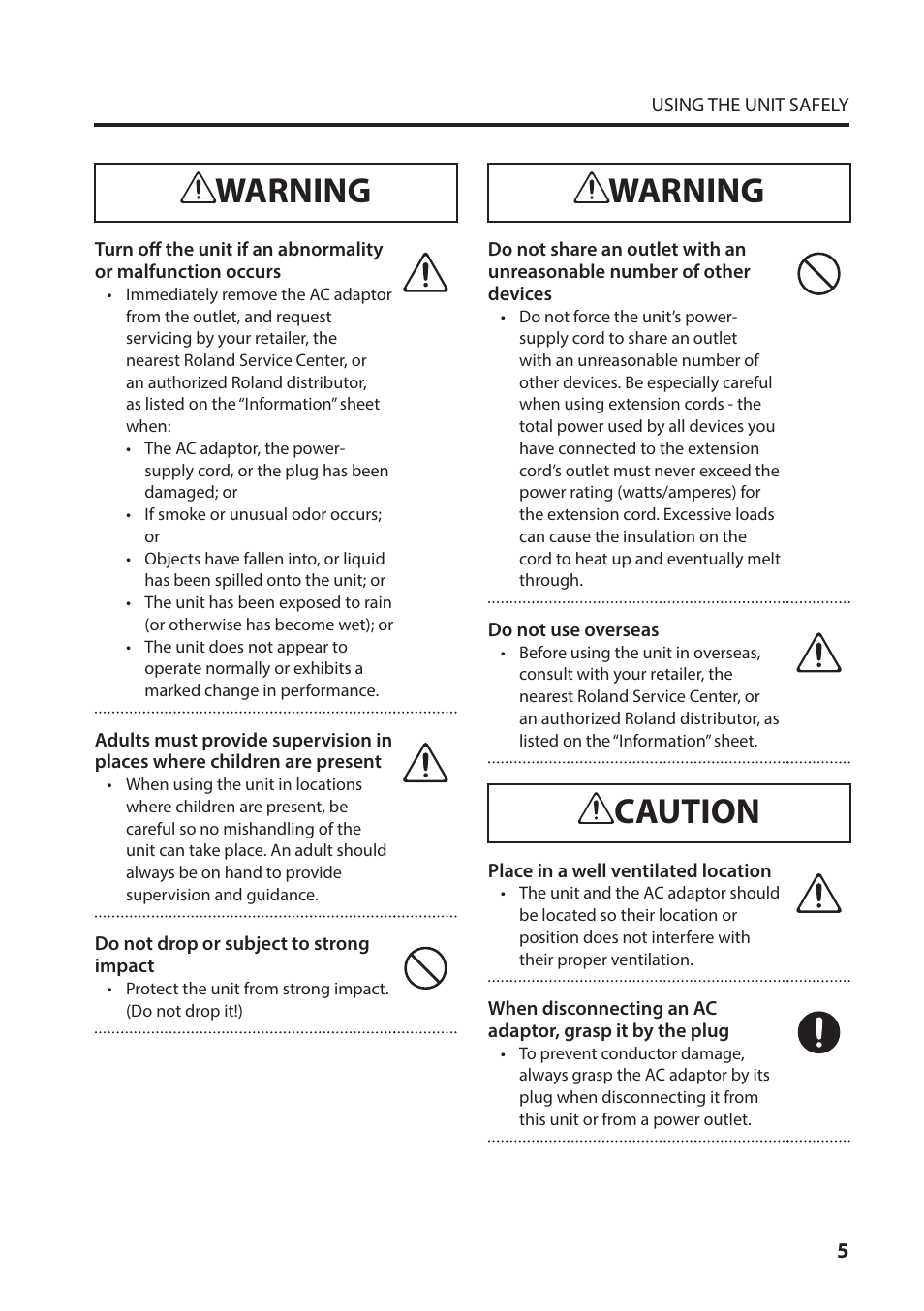 Warning, Caution | Roland VC-1-DL Bi-Directional SDI/HDMI Video Converter with Delay and Frame Sync User Manual | Page 5 / 32