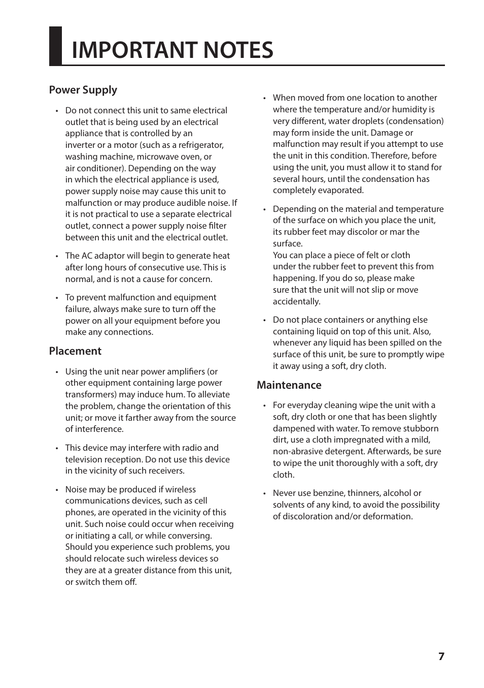 7power supply, Placement, Maintenance | Roland VC-1-DL Bi-Directional SDI/HDMI Video Converter with Delay and Frame Sync User Manual | Page 7 / 32