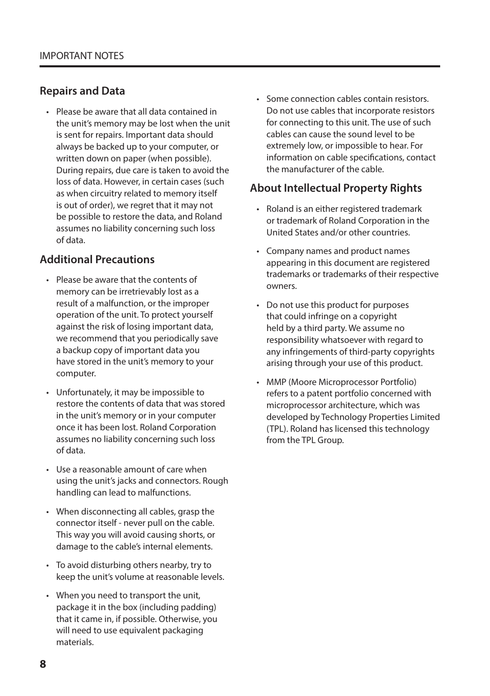 Repairs and data, Additional precautions, About intellectual property rights | Roland VC-1-DL Bi-Directional SDI/HDMI Video Converter with Delay and Frame Sync User Manual | Page 8 / 32