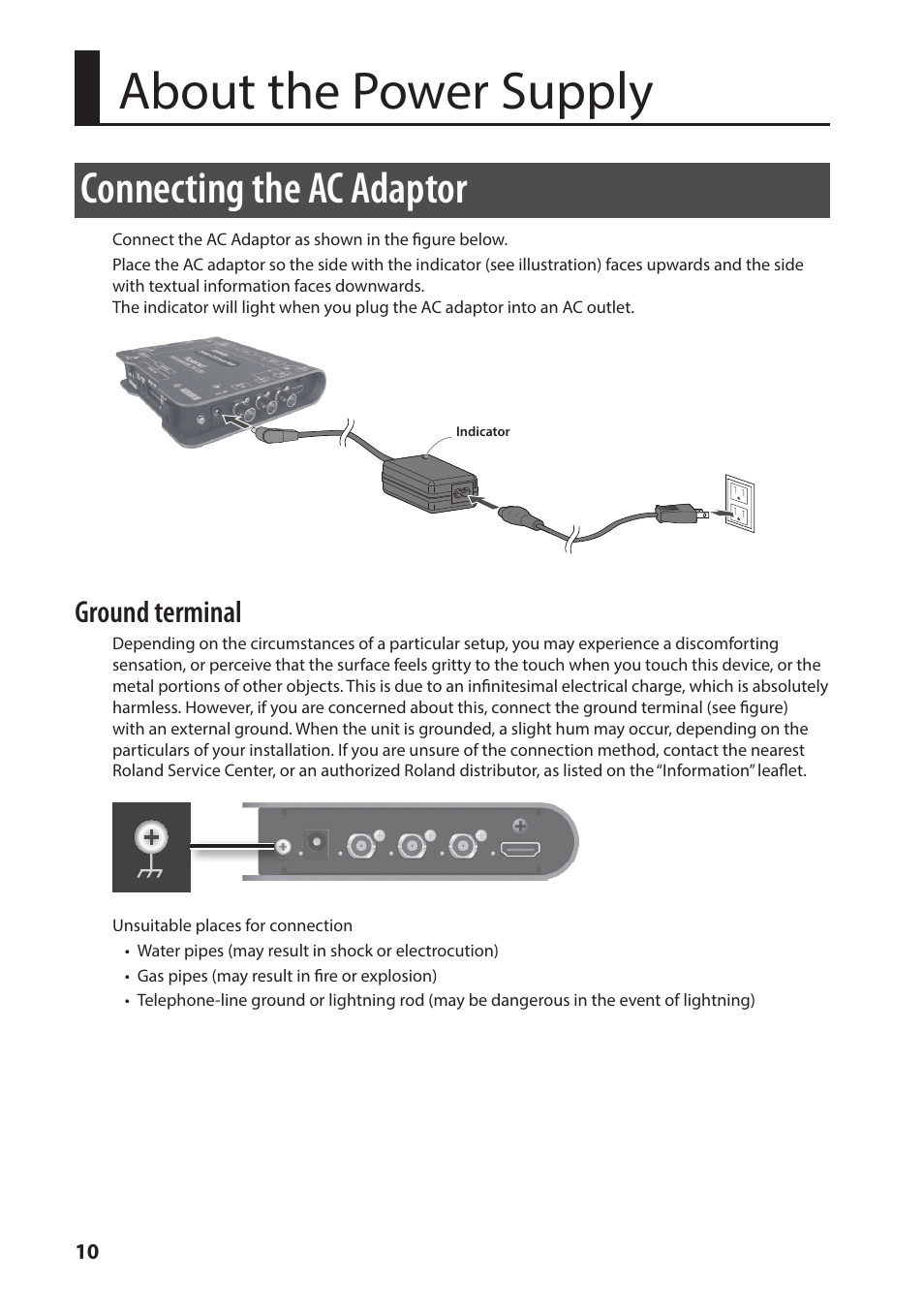 About the power supply, Connecting the ac adaptor, Ground terminal | Roland VC-1-SC Up/Down/Cross Scan Converter User Manual | Page 10 / 32