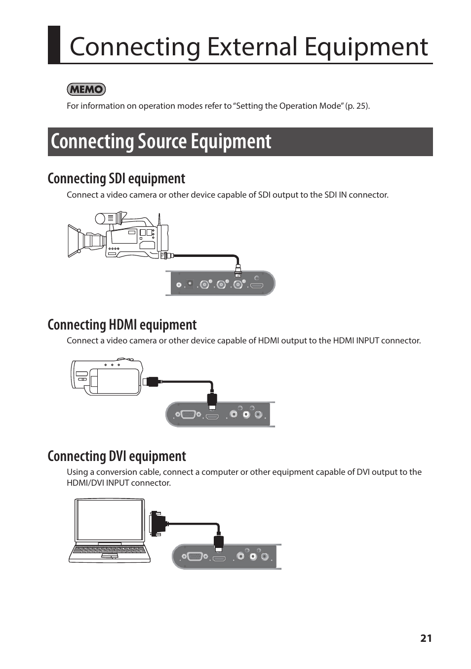 Connecting external equipment, Connecting source equipment | Roland VC-1-SC Up/Down/Cross Scan Converter User Manual | Page 21 / 32