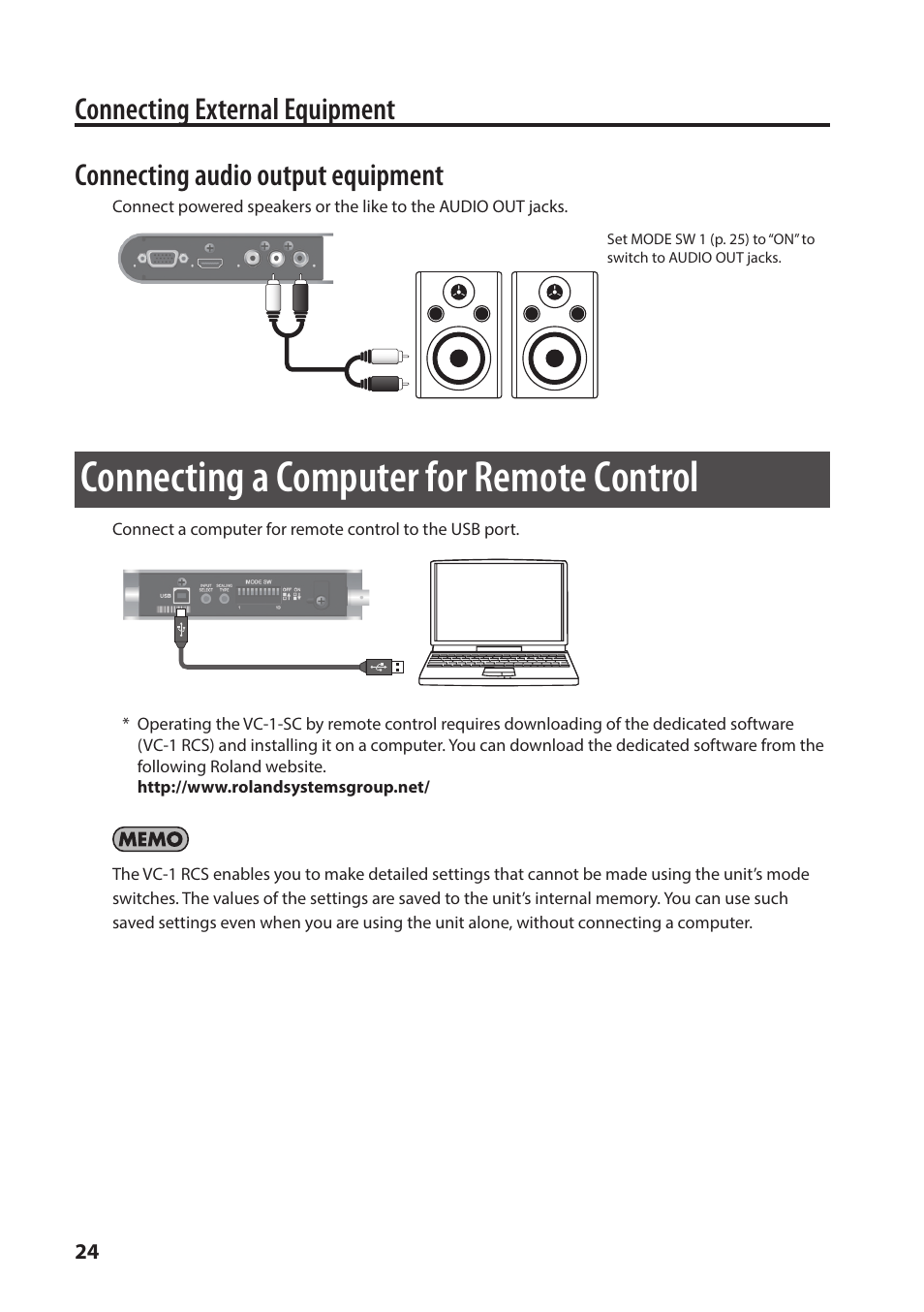 Connecting a computer for remote control, Ol (p. 24), Connecting external equipment | Connecting audio output equipment | Roland VC-1-SC Up/Down/Cross Scan Converter User Manual | Page 24 / 32