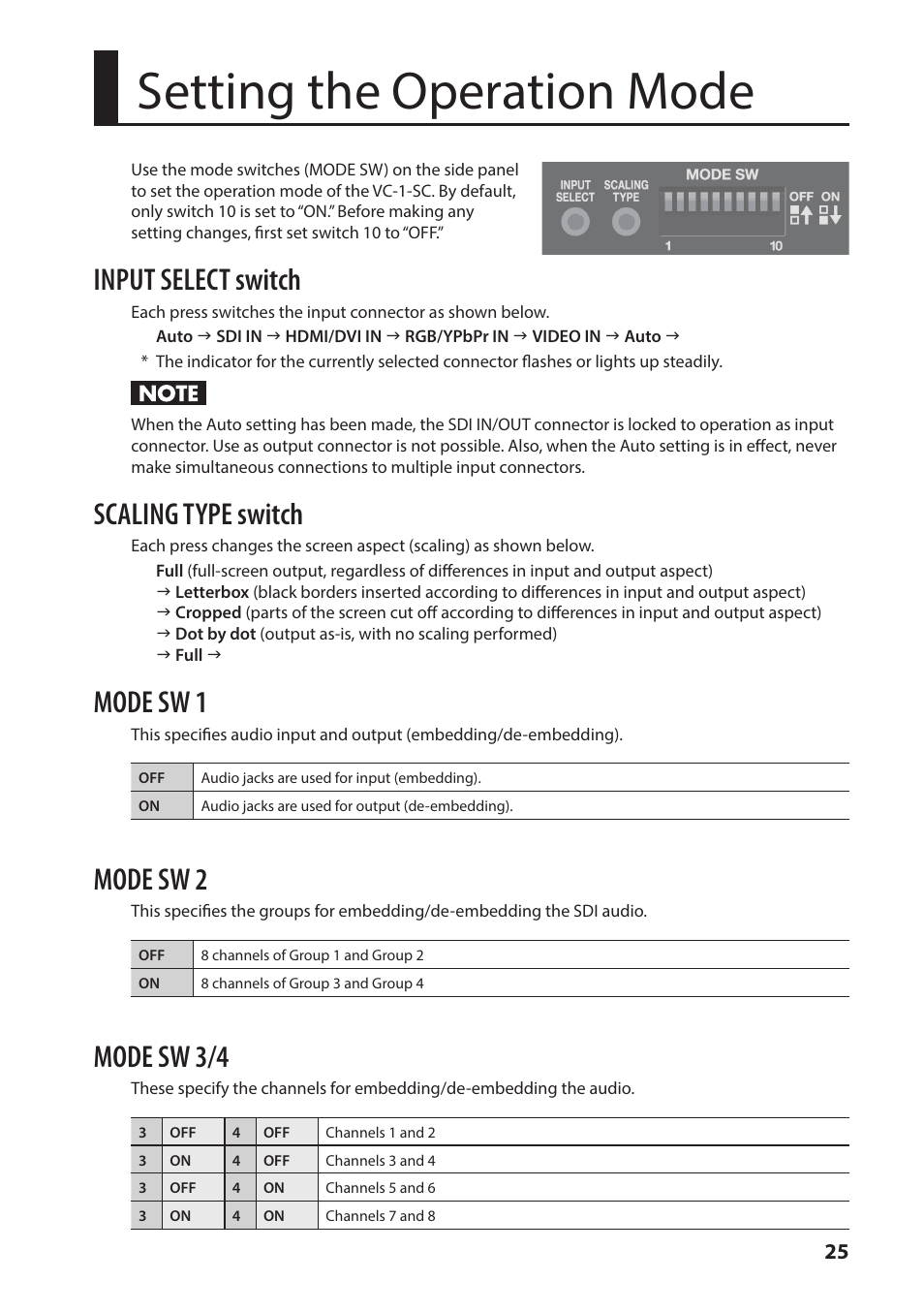 Setting the operation mode, O “setting the operation mode” (p. 25), Input select switch | Scaling type switch, Mode sw 1, Mode sw 2, Mode sw 3/4 | Roland VC-1-SC Up/Down/Cross Scan Converter User Manual | Page 25 / 32