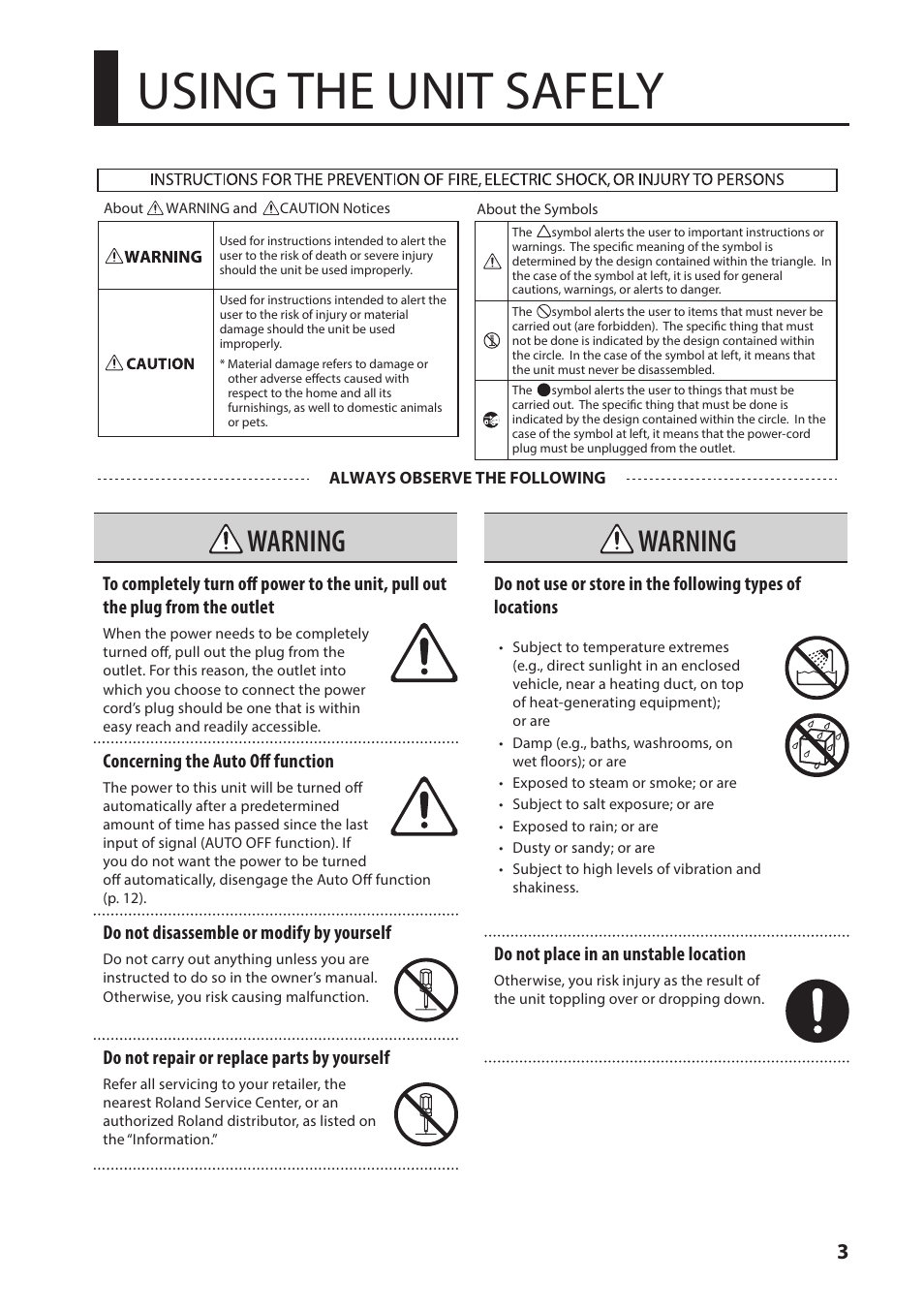 Using the unit safely, Warning, Concerning the auto off function | Do not disassemble or modify by yourself, Do not repair or replace parts by yourself, Do not place in an unstable location | Roland VC-1-SC Up/Down/Cross Scan Converter User Manual | Page 3 / 32