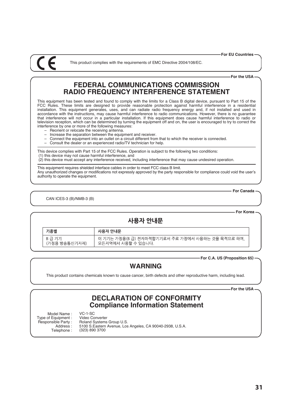 Warning | Roland VC-1-SC Up/Down/Cross Scan Converter User Manual | Page 31 / 32