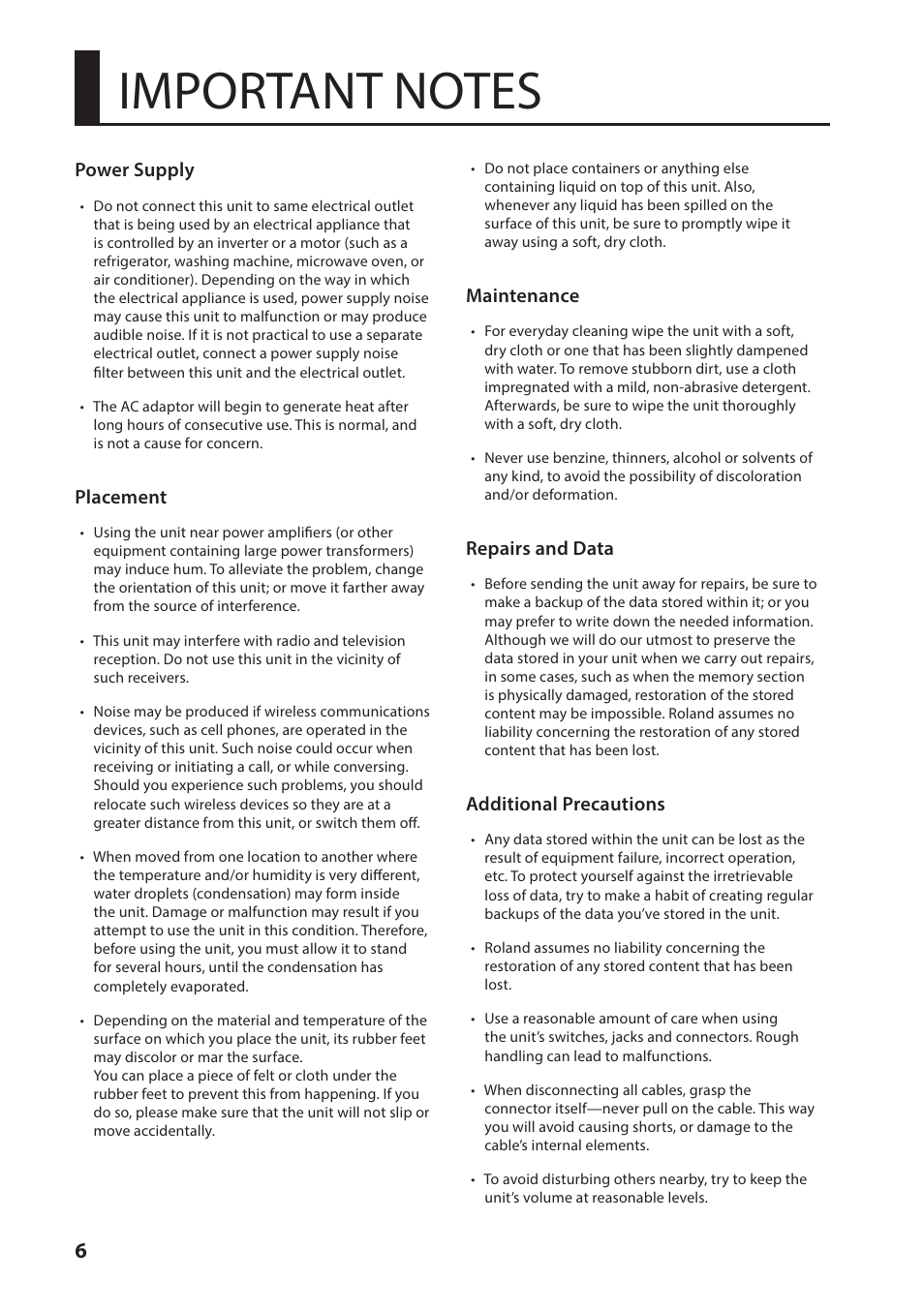 Important notes, Power supply, Placement | Maintenance, Repairs and data, Additional precautions | Roland VC-1-SC Up/Down/Cross Scan Converter User Manual | Page 6 / 32