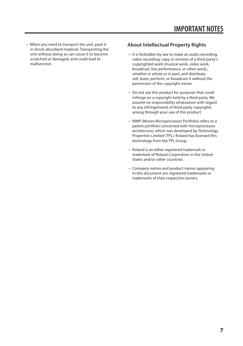 About intellectual property rights | Roland VC-1-SC Up/Down/Cross Scan Converter User Manual | Page 7 / 32