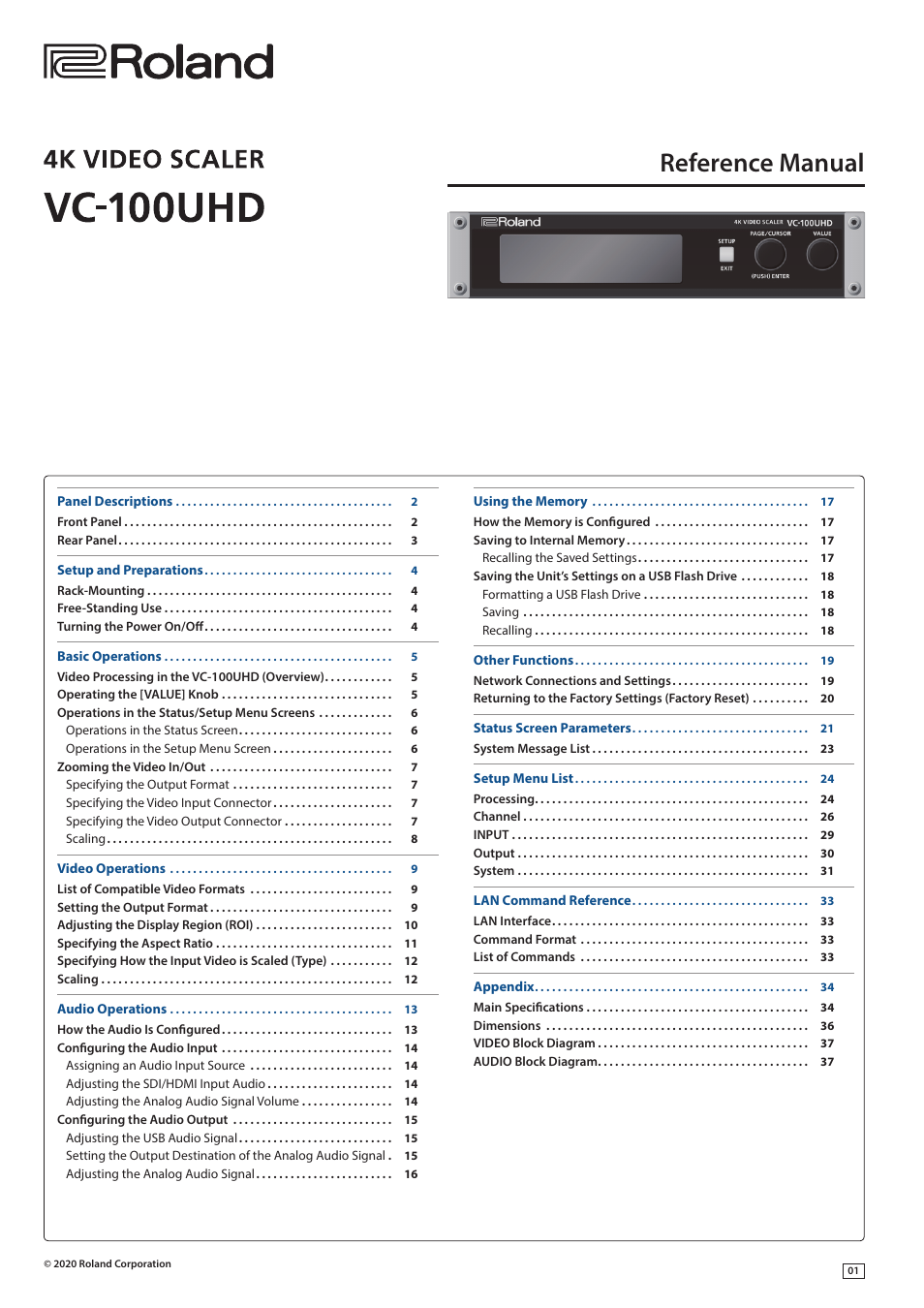 Roland VC-100UHD 4K Video Scaler/Converter/Streamer User Manual | 37 pages