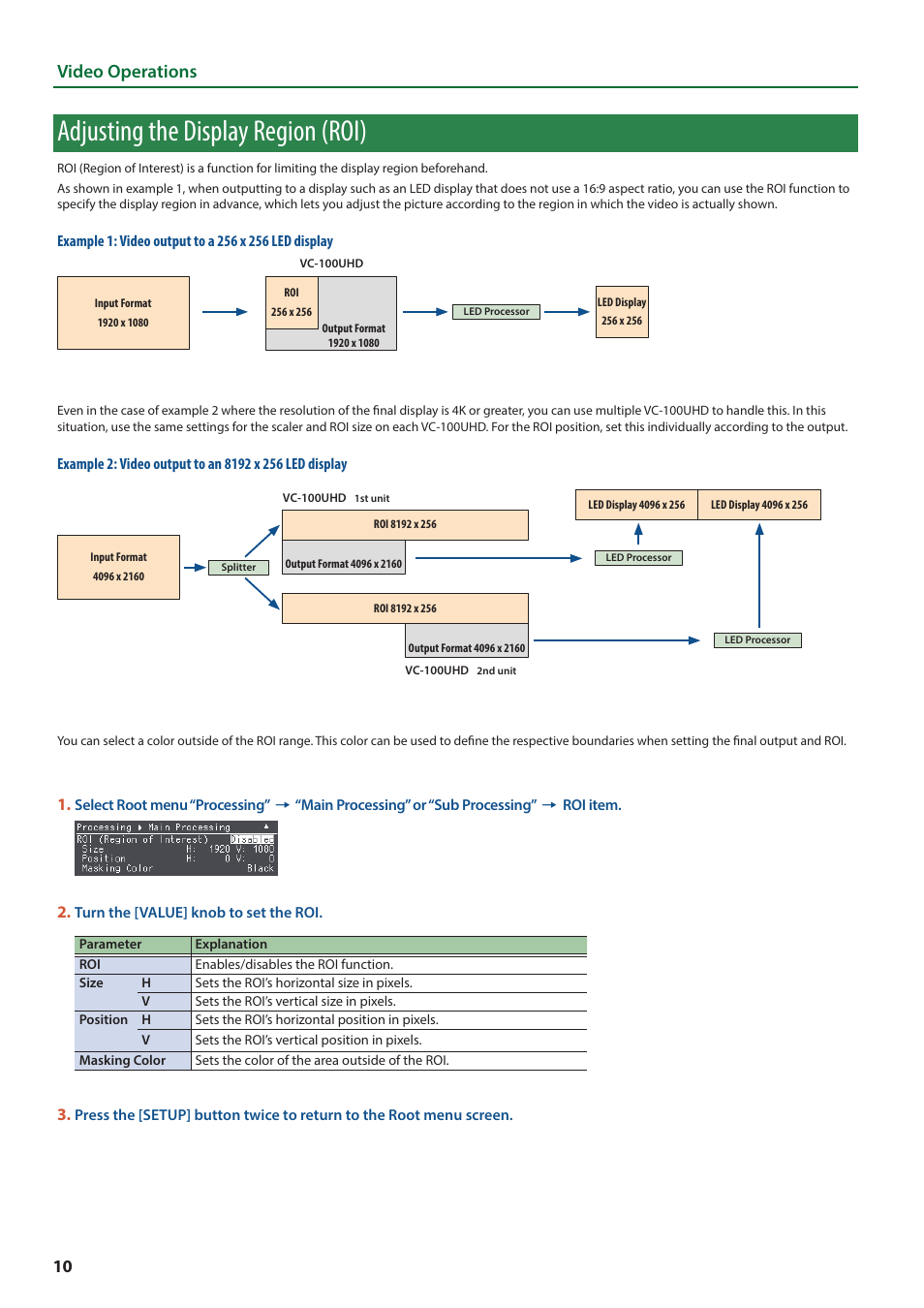 Adjusting the display region (roi), Video operations | Roland VC-100UHD 4K Video Scaler/Converter/Streamer User Manual | Page 10 / 37