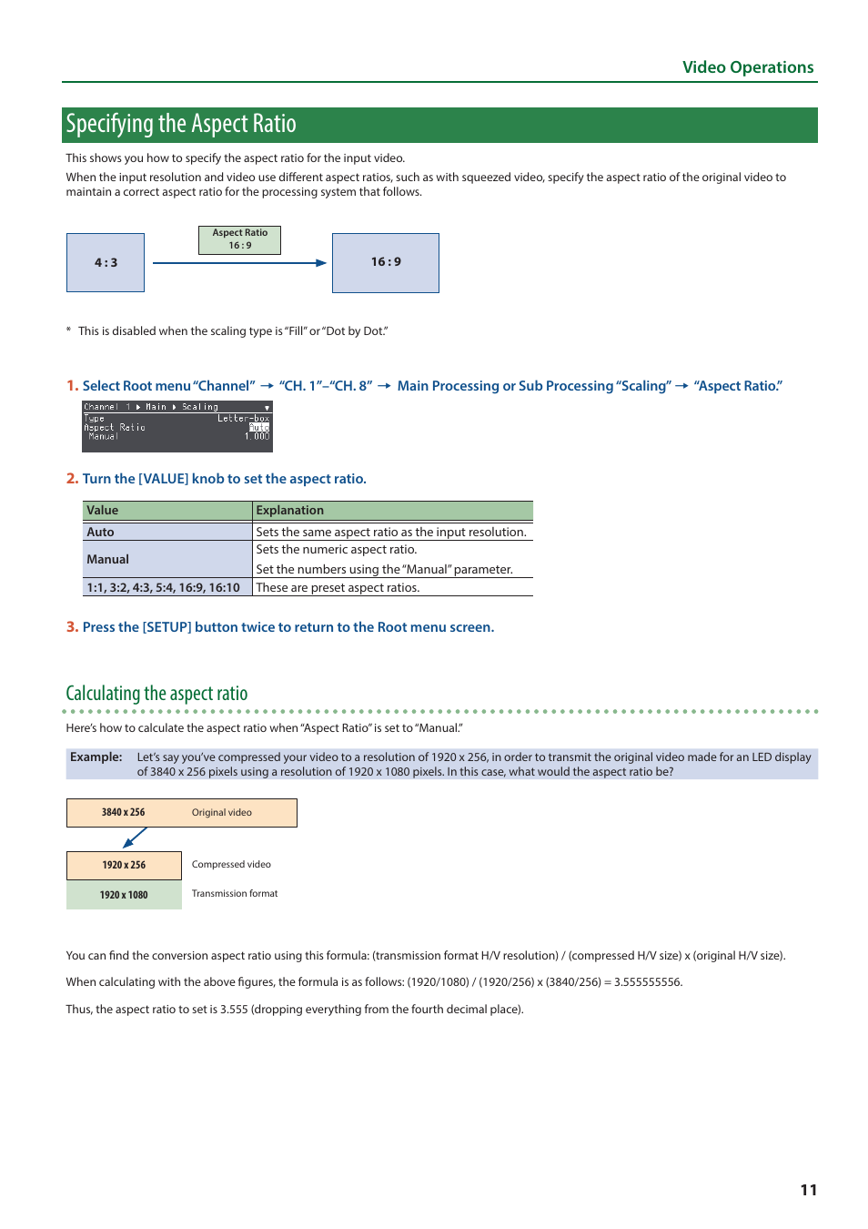 Specifying the aspect ratio, Calculating the aspect ratio, Video operations | Roland VC-100UHD 4K Video Scaler/Converter/Streamer User Manual | Page 11 / 37