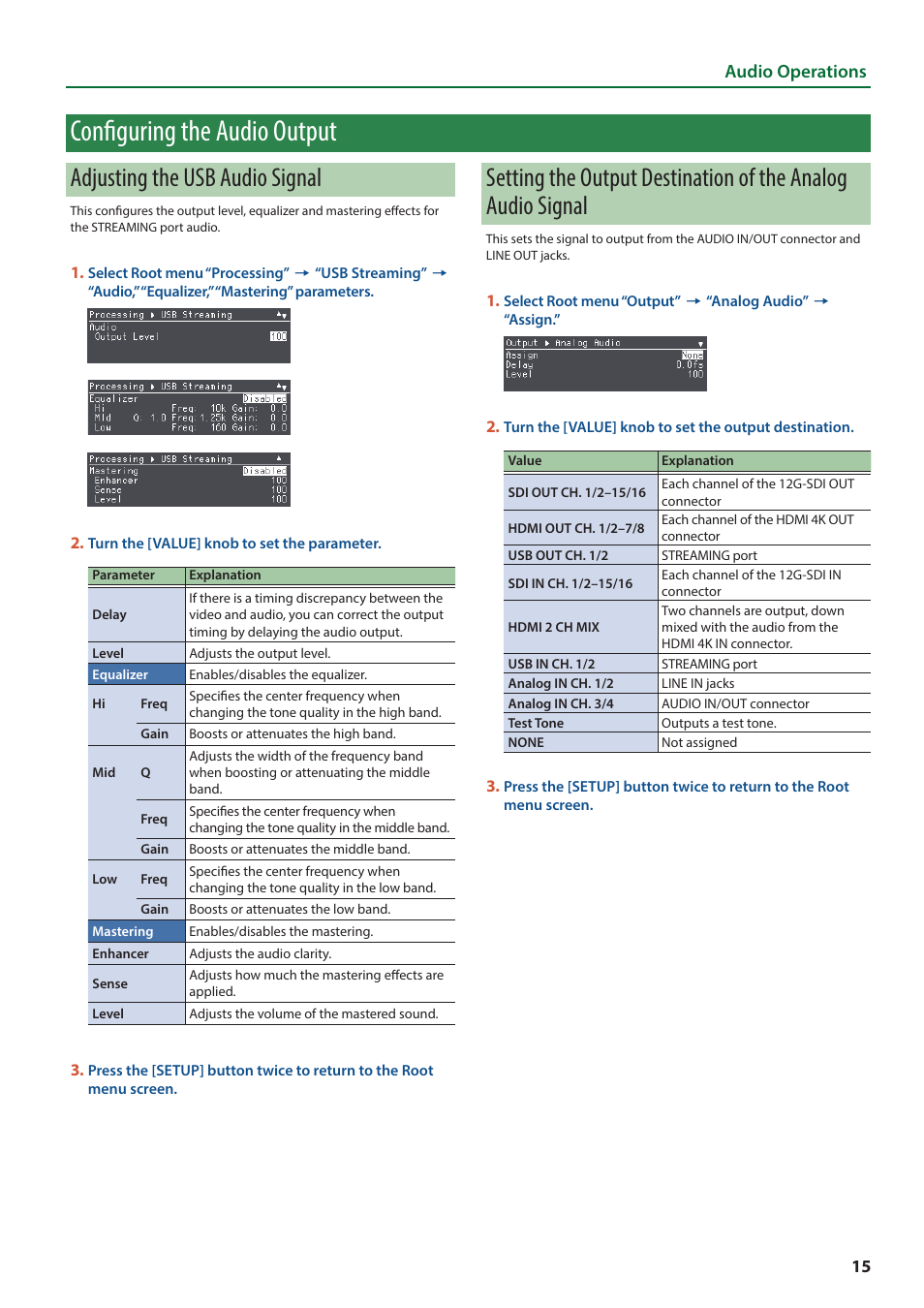 Configuring the audio output, Adjusting the usb audio signal, Audio operations | Roland VC-100UHD 4K Video Scaler/Converter/Streamer User Manual | Page 15 / 37