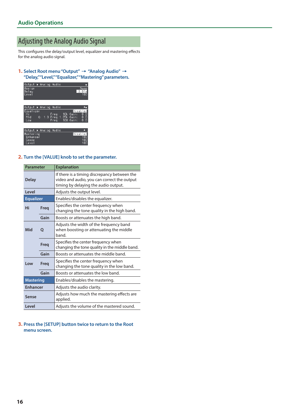 Adjusting the analog audio signal, Audio operations | Roland VC-100UHD 4K Video Scaler/Converter/Streamer User Manual | Page 16 / 37