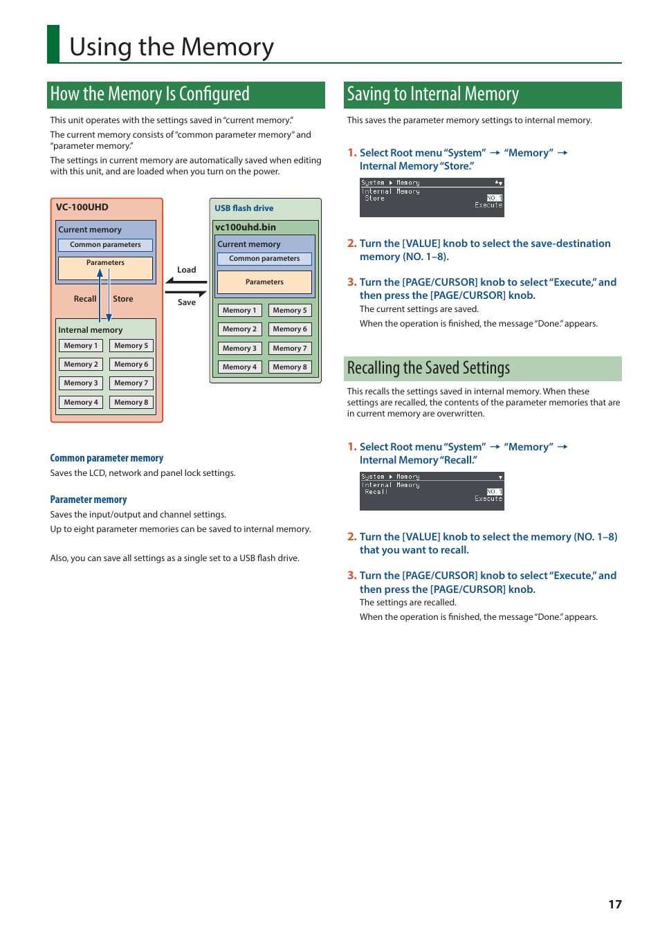 Using the memory, How the memory is configured, Saving to internal memory | Recalling the saved settings | Roland VC-100UHD 4K Video Scaler/Converter/Streamer User Manual | Page 17 / 37