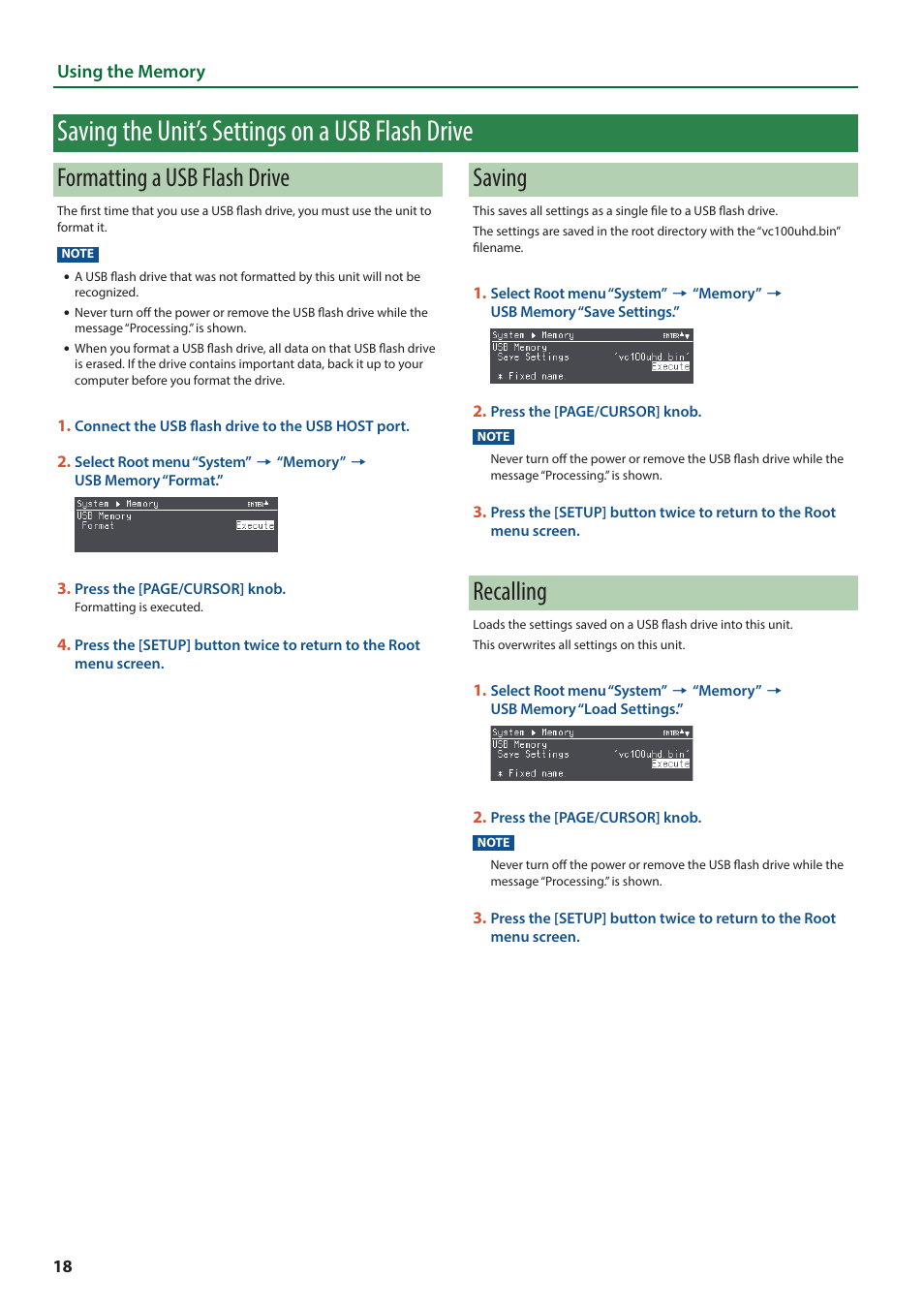 Saving the unit’s settings on a usb flash drive, Formatting a usb flash drive, Saving | Recalling | Roland VC-100UHD 4K Video Scaler/Converter/Streamer User Manual | Page 18 / 37