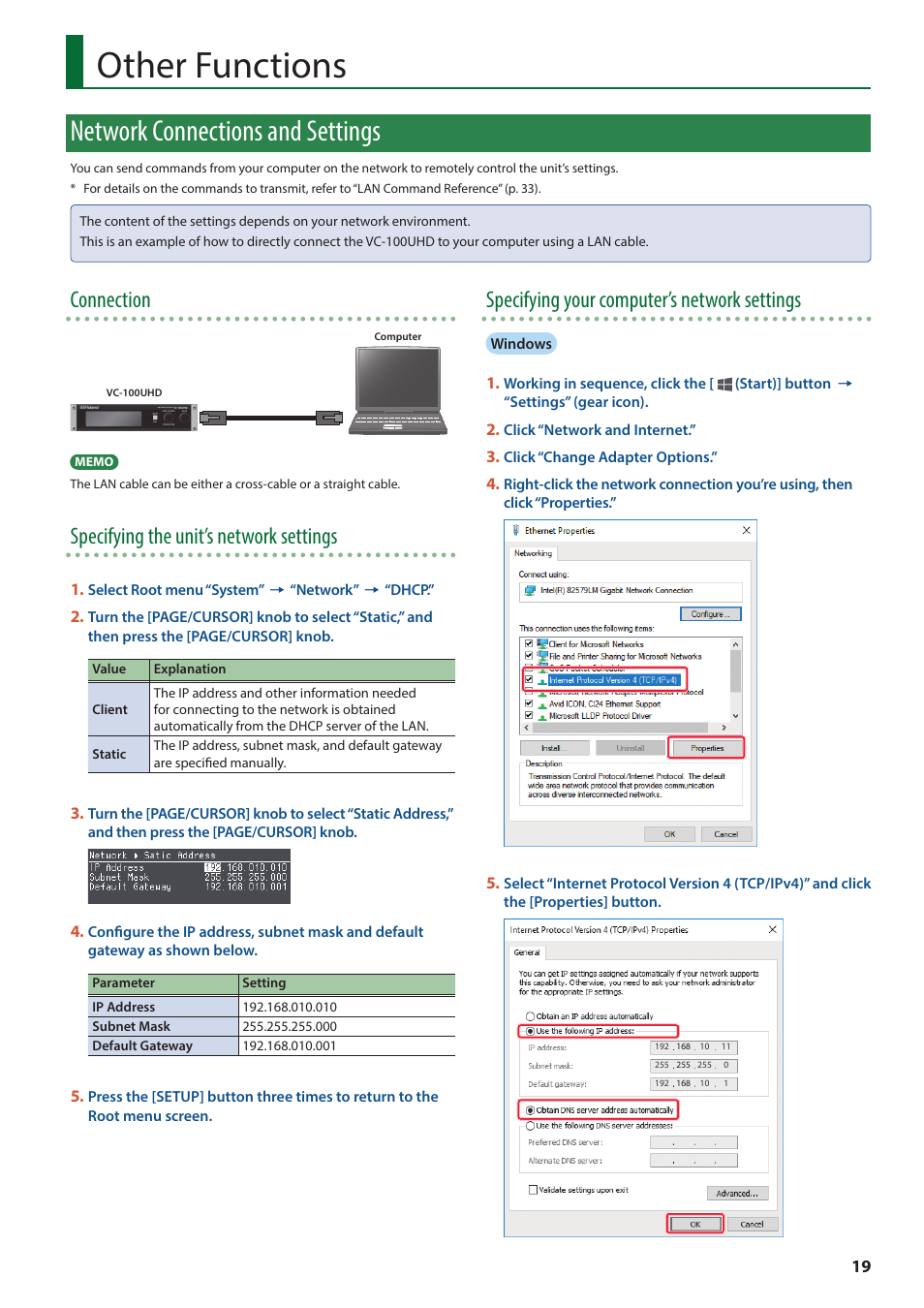 Other functions, Network connections and settings, Connection | Specifying the unit’s network settings, Specifying your computer’s network settings | Roland VC-100UHD 4K Video Scaler/Converter/Streamer User Manual | Page 19 / 37