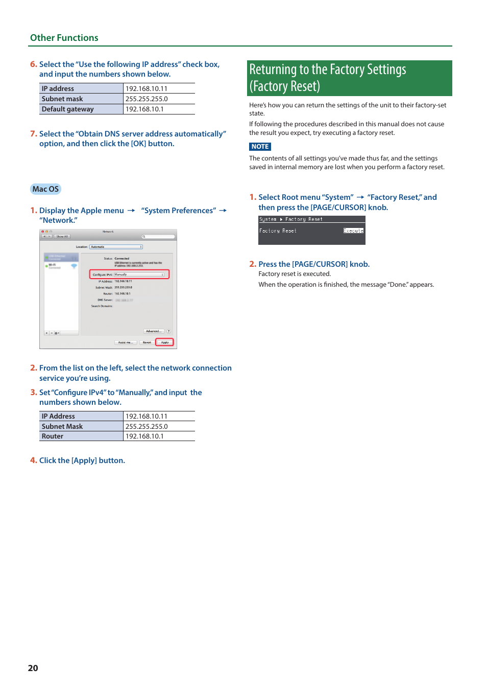 Returning to the factory settings (factory reset) | Roland VC-100UHD 4K Video Scaler/Converter/Streamer User Manual | Page 20 / 37