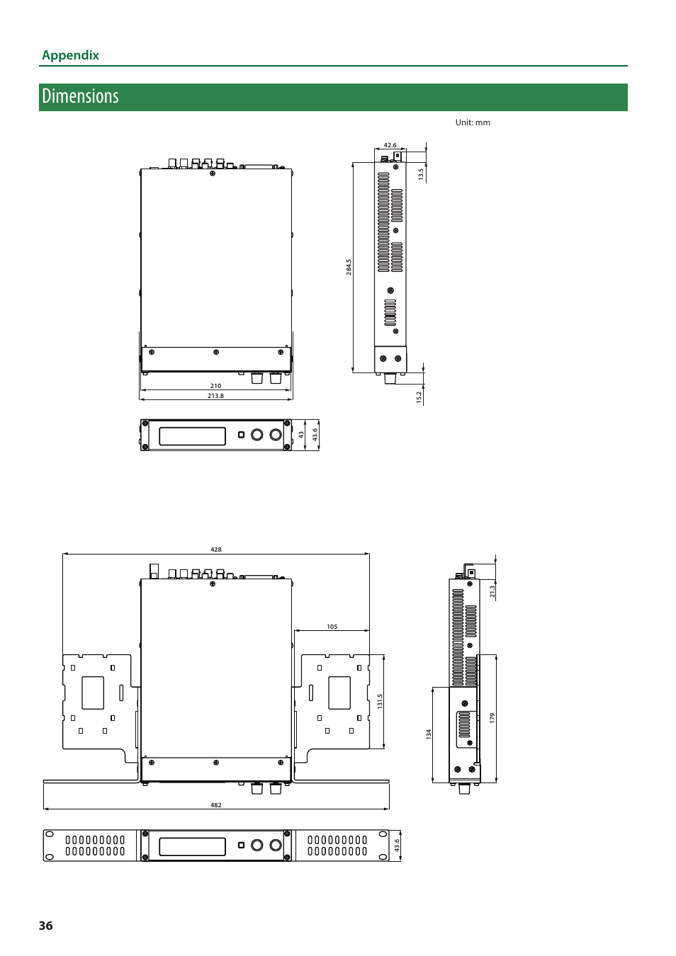 Dimensions, Appendix | Roland VC-100UHD 4K Video Scaler/Converter/Streamer User Manual | Page 36 / 37