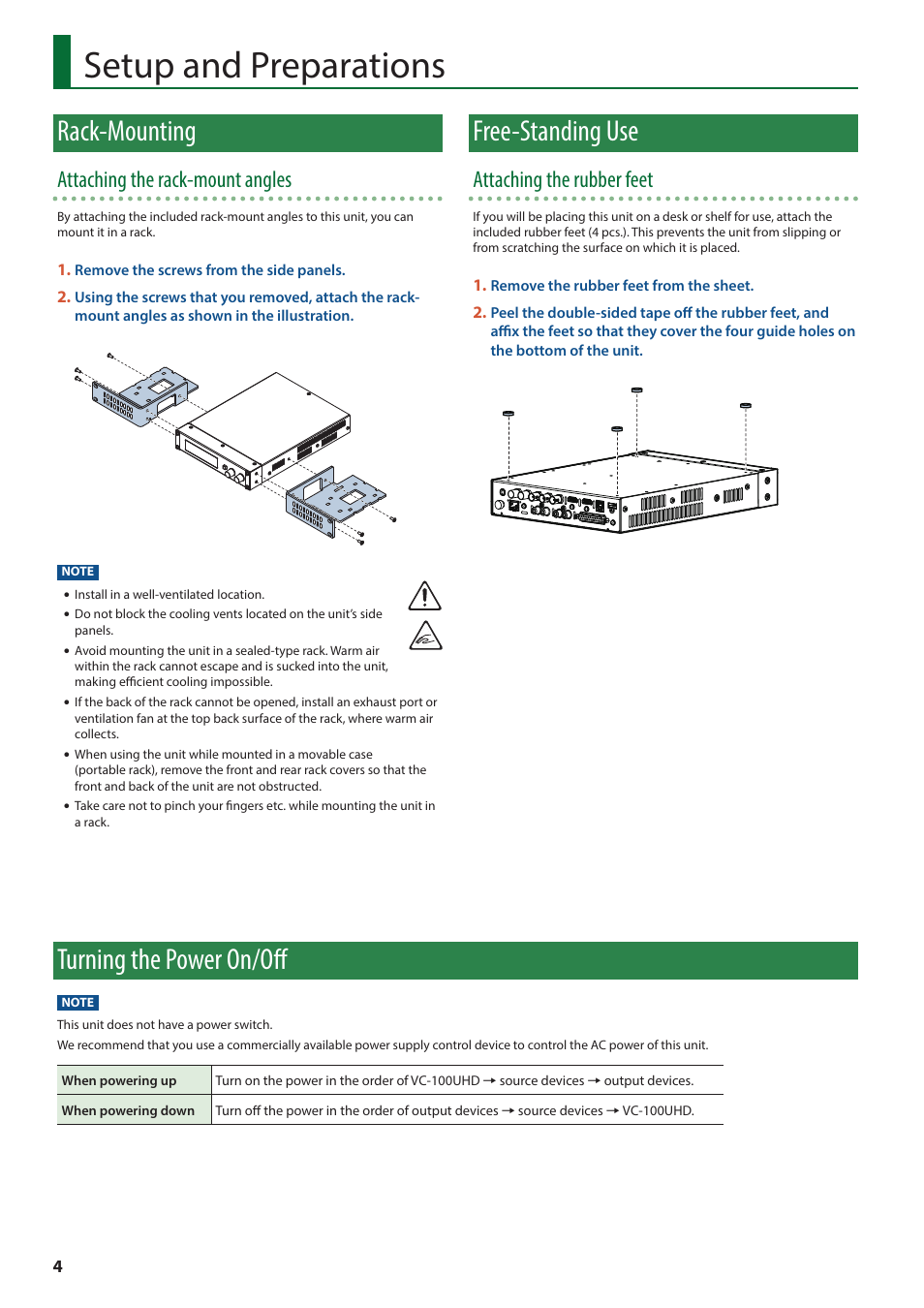 Setup and preparations, Rack-mounting, Free-standing use | Turning the power on/off, Attaching the rack-mount angles, Attaching the rubber feet | Roland VC-100UHD 4K Video Scaler/Converter/Streamer User Manual | Page 4 / 37