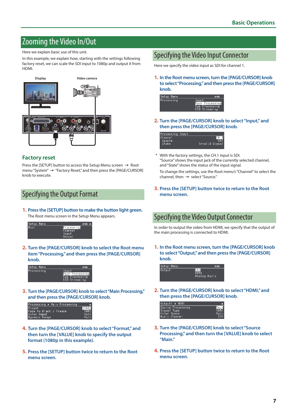 Zooming the video in/out, Specifying the output format, Specifying the video input connector | Specifying the video output connector | Roland VC-100UHD 4K Video Scaler/Converter/Streamer User Manual | Page 7 / 37