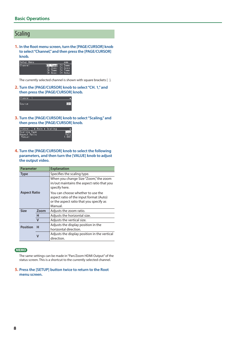 Scaling, Basic operations | Roland VC-100UHD 4K Video Scaler/Converter/Streamer User Manual | Page 8 / 37