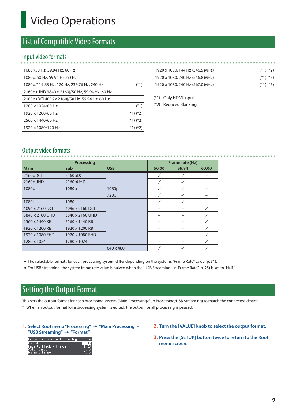 Video operations, List of compatible video formats, Setting the output format | Input video formats, Output video formats | Roland VC-100UHD 4K Video Scaler/Converter/Streamer User Manual | Page 9 / 37