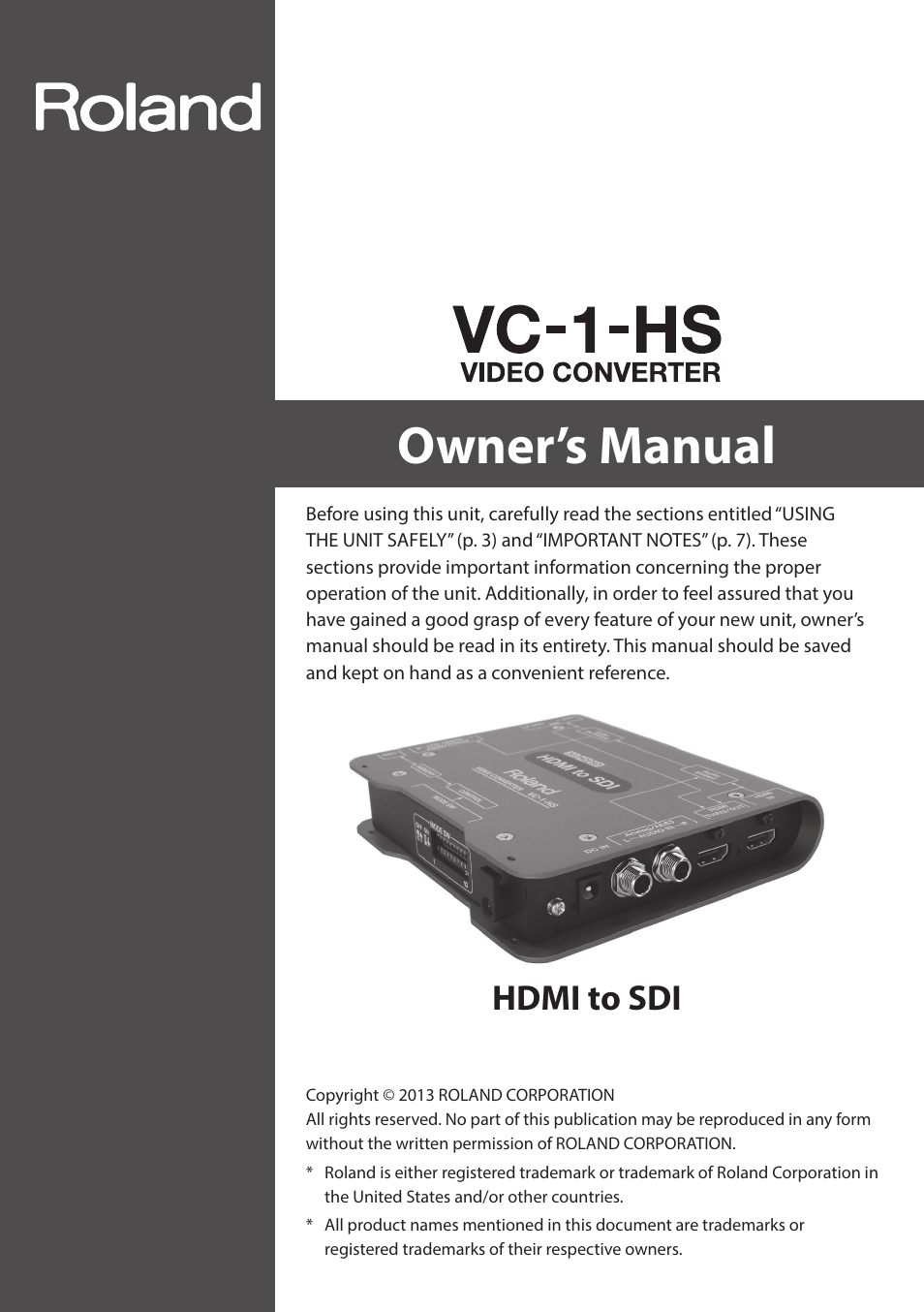 Roland VC-1-HS HDMI to SDI Video Converter User Manual | 32 pages