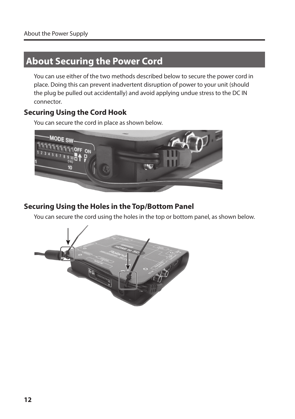 About securing the power cord, Securing using the cord hook, Securing using the holes in the top/bottom panel | Roland VC-1-HS HDMI to SDI Video Converter User Manual | Page 12 / 32